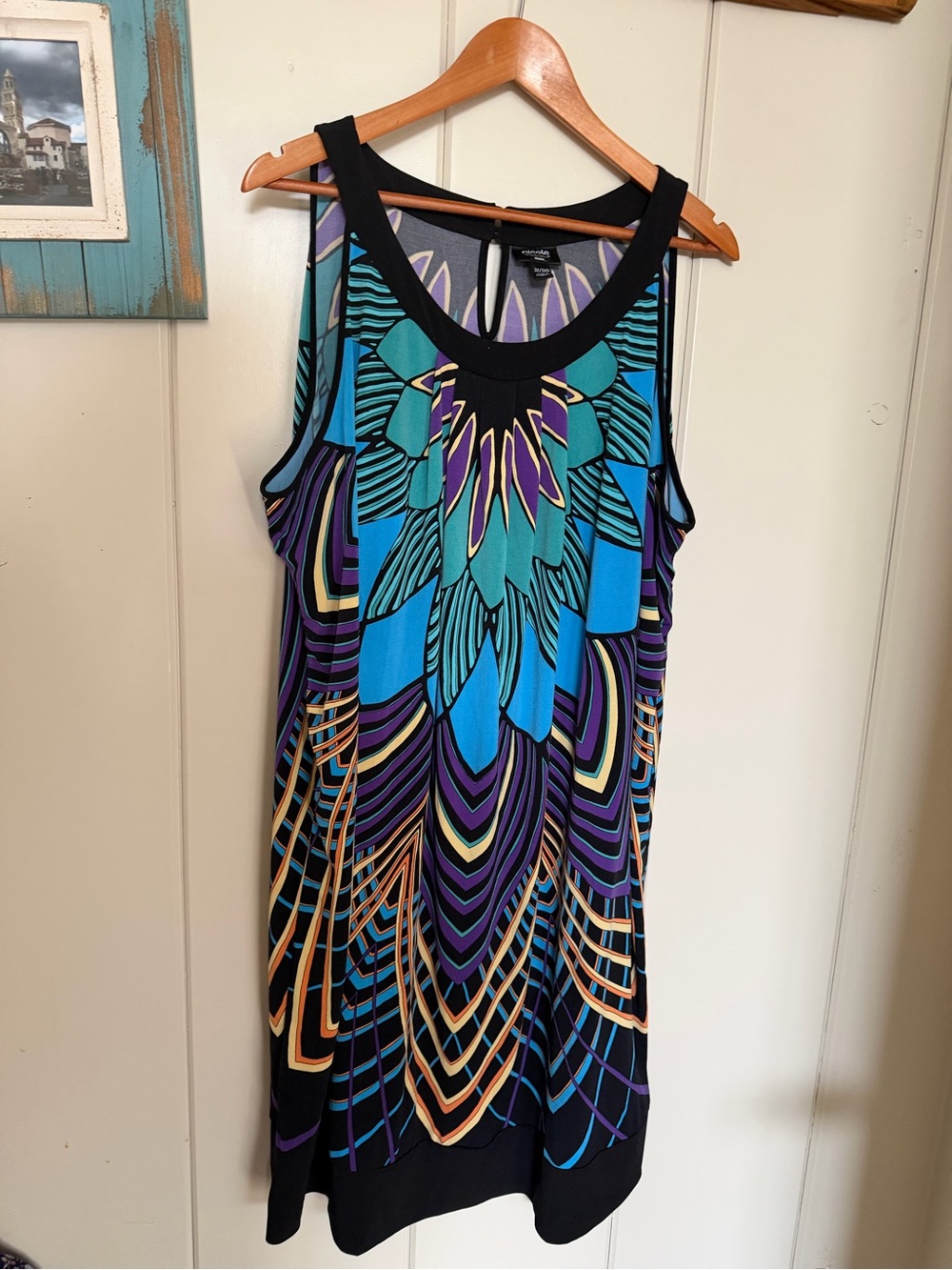 Nicole Miller 3X Plus Size Dress Abstract Floral Peacock Print Stretch Sleeveles